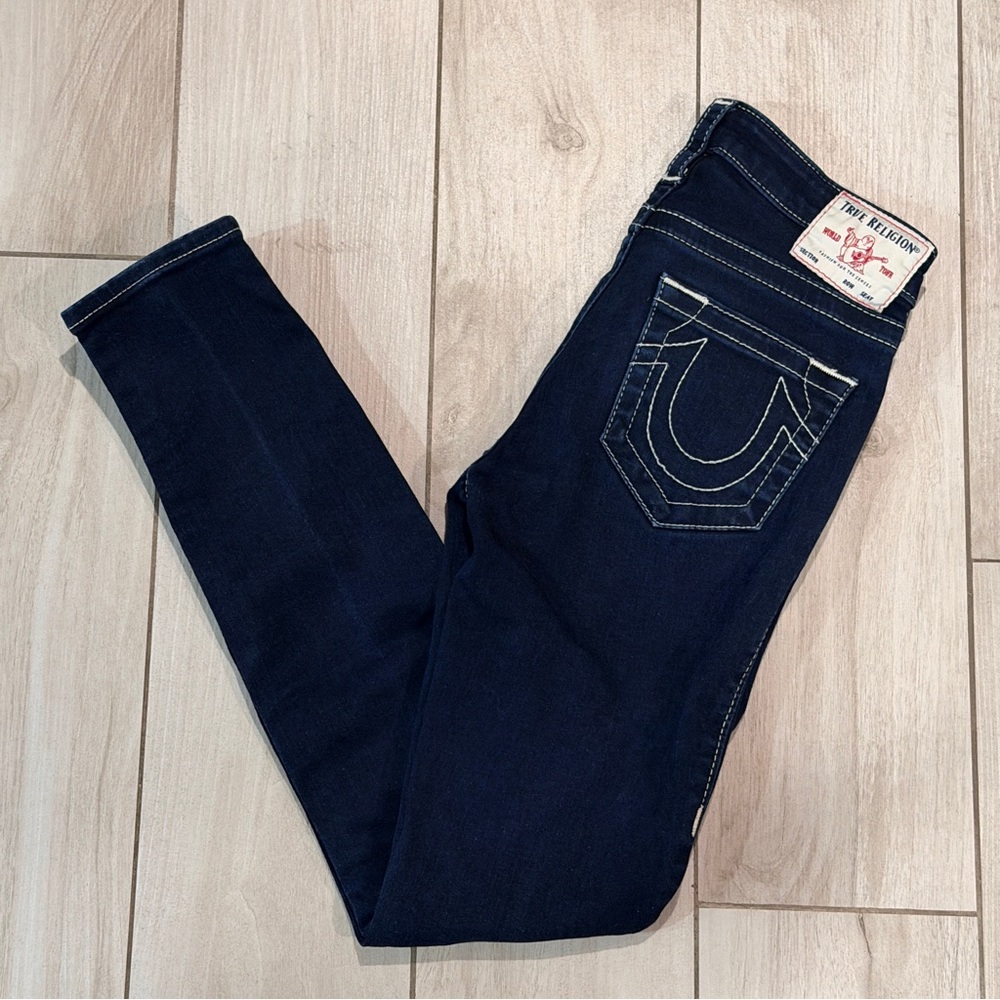 TRUE RELIGION Halle Mid Rise Super Skinny Jeans, Dark Blue, Size 26